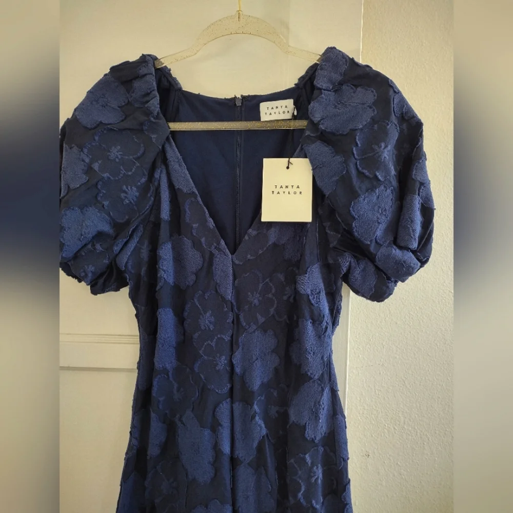 Tanya Taylor Harley Floral Navy Puff Sleeve VNeck Midi Dress - Picture 5 of 10